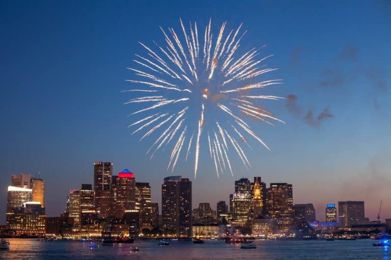 Fireworks over a city skyline on New Year's Eve