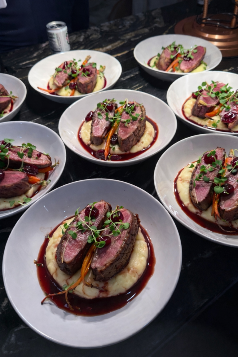 duck breast - cherry port wine reduction | parsnip | potato | carrot