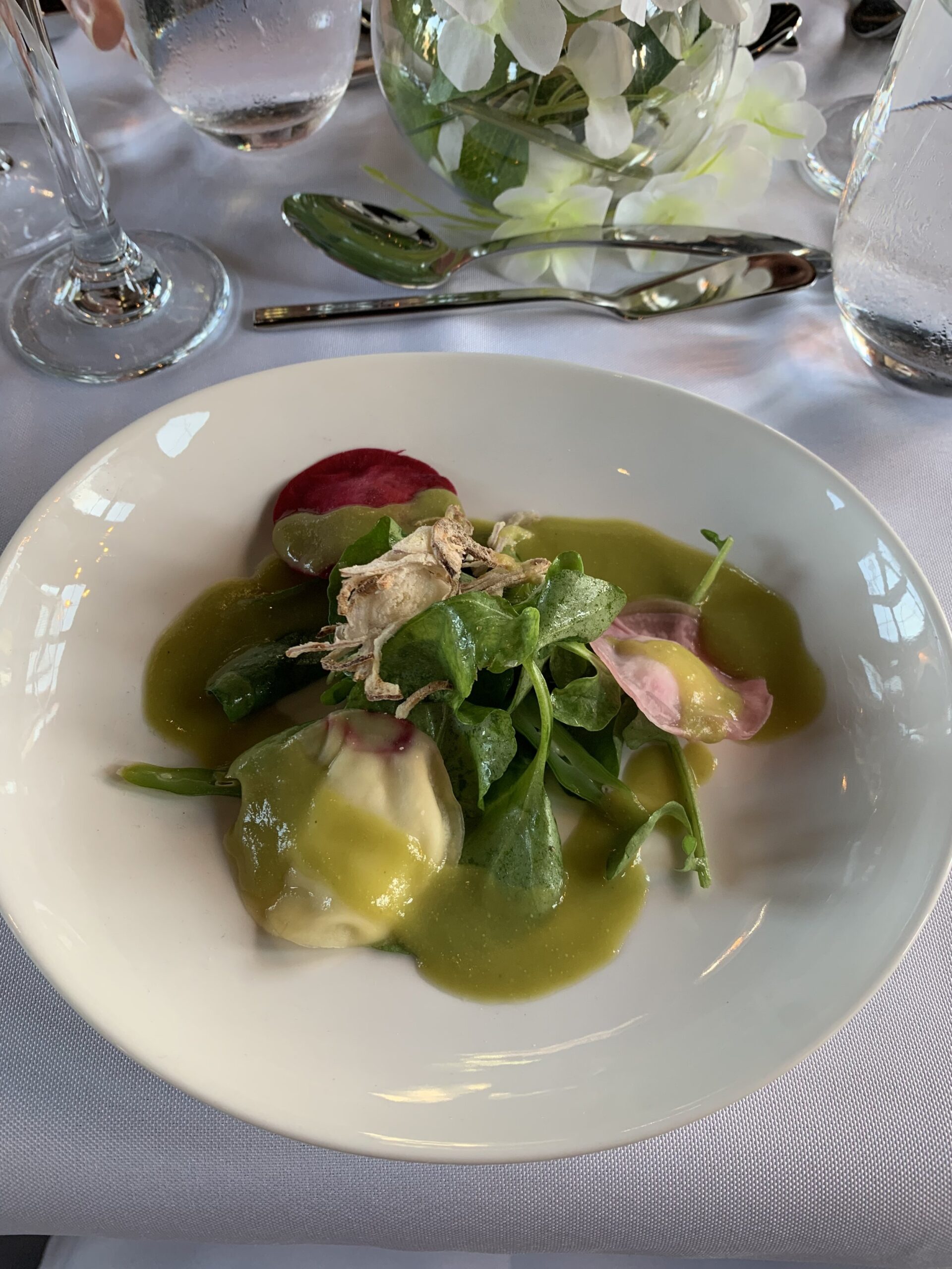 beet ravioli - peas | spring greens