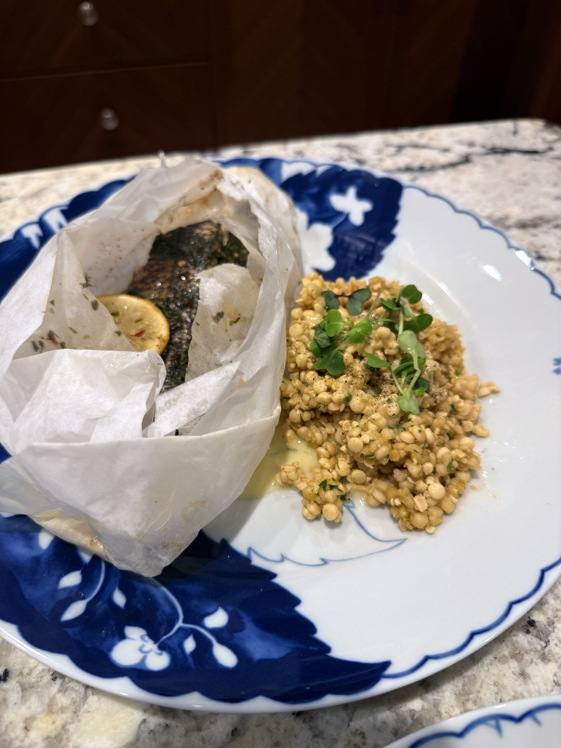 Black Bass en Papillote with Lemon Herb Couscous - yacht chef 