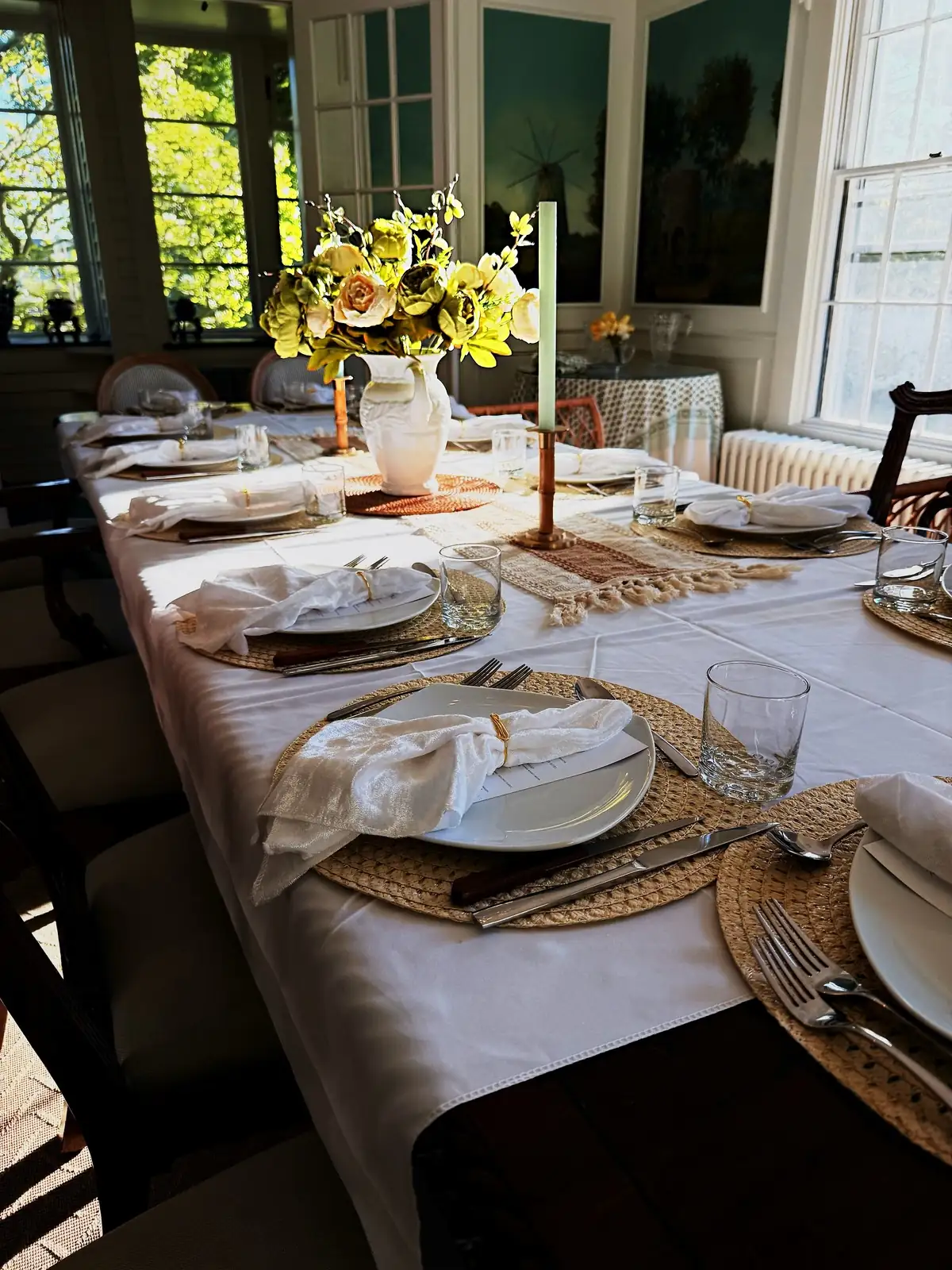 Dining room table set for a private chef dinner in Newport, Rhode Island